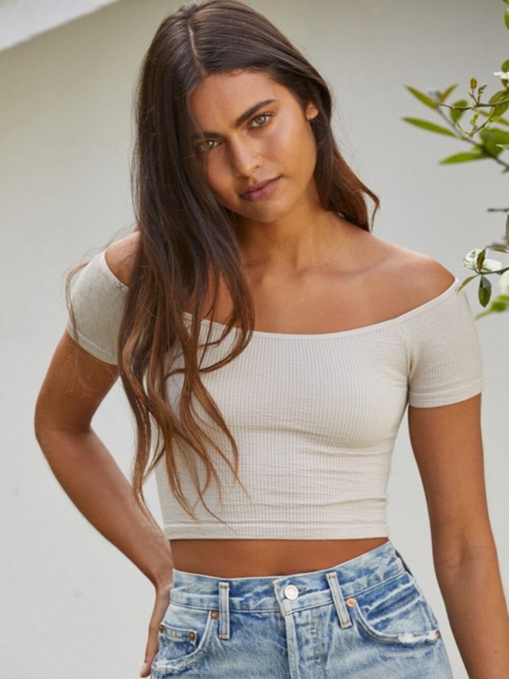 By Together Cream Ribbed Off-Shoulder Crop Top